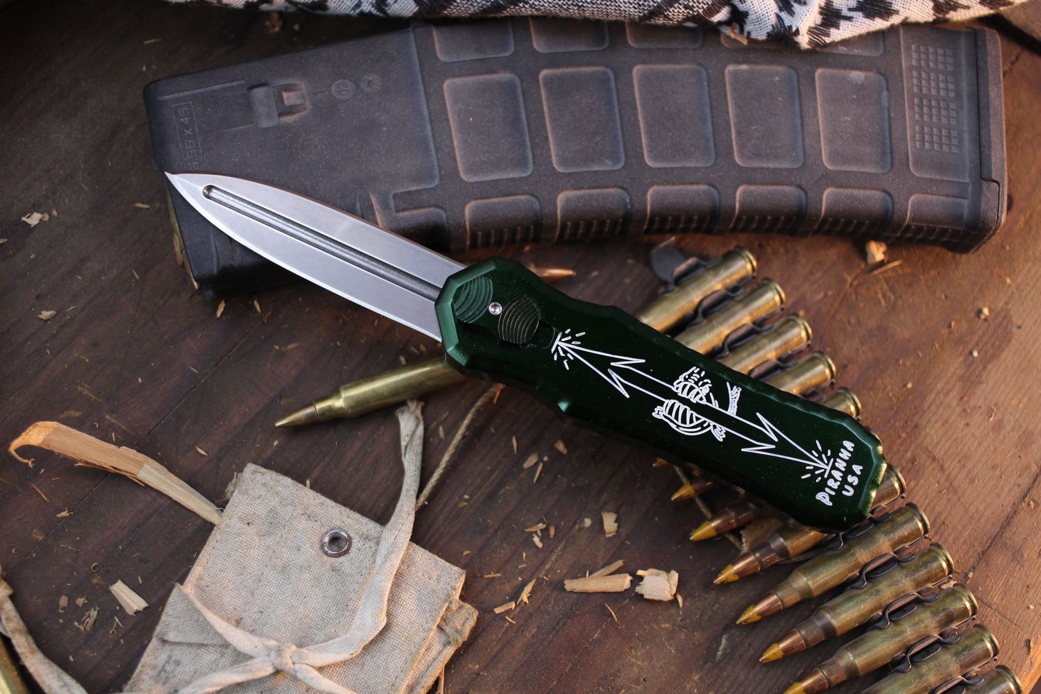 Piranha Excalibur 30.2&quot; OTF AUTO / Green Engraved Aluminum / Stonewashed S30V ( Pre Owned )
