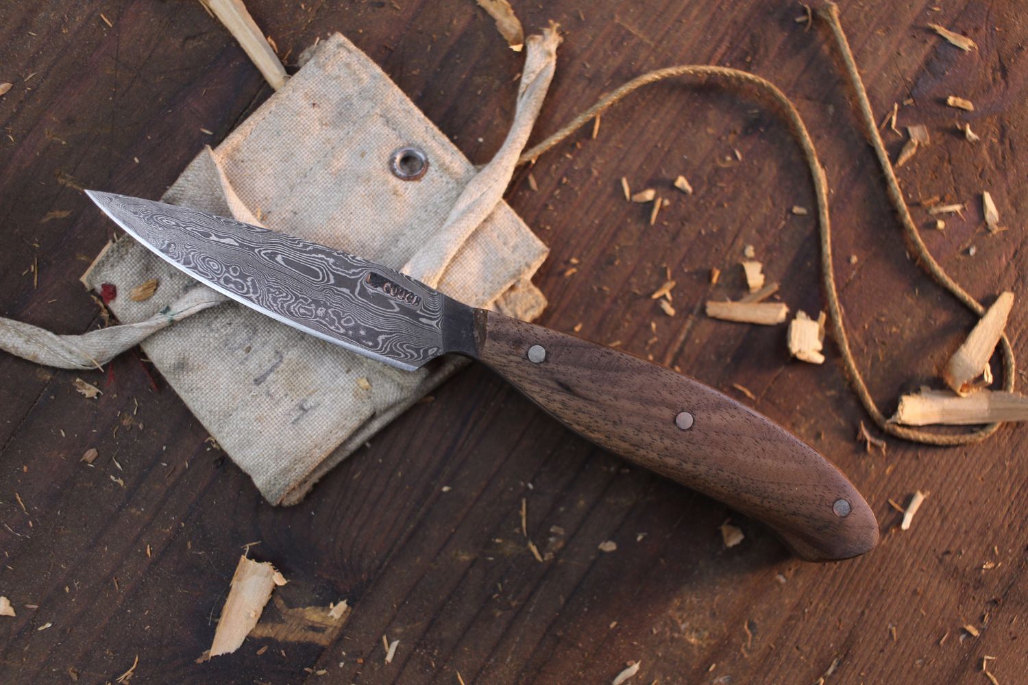 Mark Couch 3&quot; Drop Point  / Walnut  / Alaskan Forged Damascus
