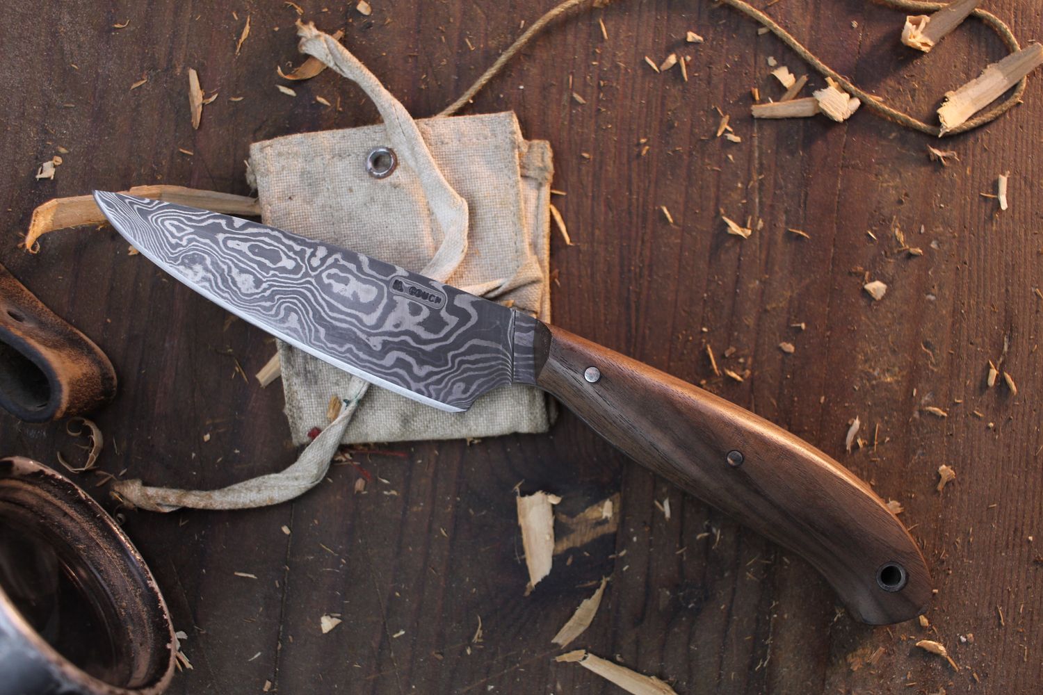 Mark Couch 3.75&quot; Drop Point Utility / Walnut  / Alaskan Forged Damascus