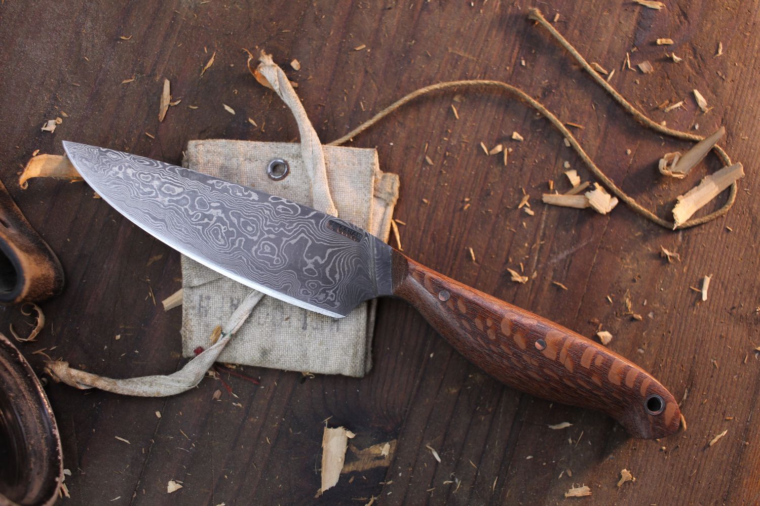 Mark Couch 4.25&quot; Drop Point Hunter / Lacewood  / Alaskan Forged Damascus