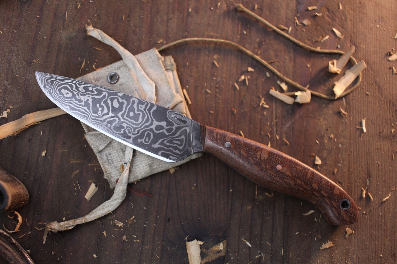 Mark Couch 4&quot; Drop Point Utility / Lacewood  / Alaskan Forged Damascus