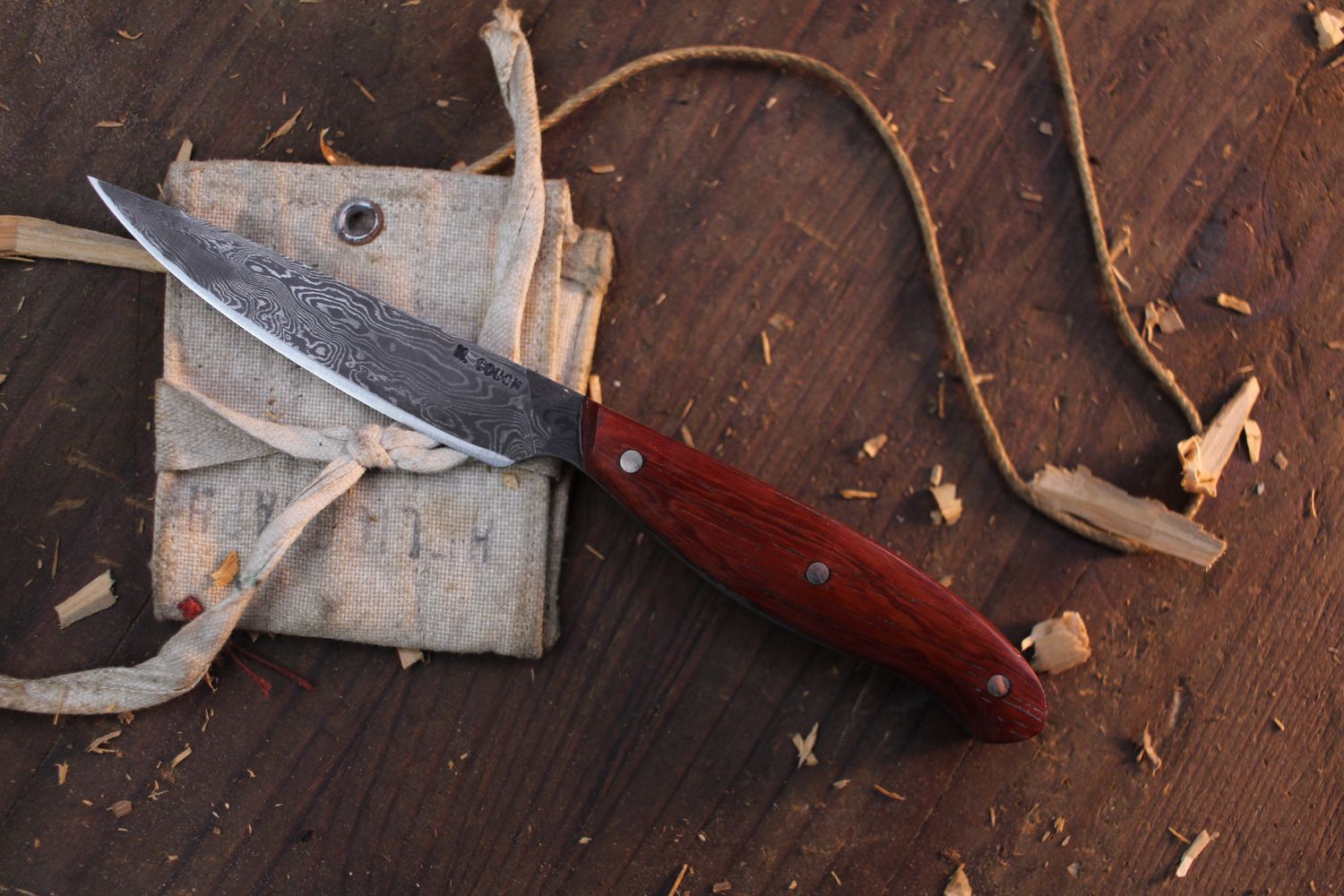 Mark Couch 3.2&quot; Drop Point Caper / Padauk  / Alaskan Forged Damascus