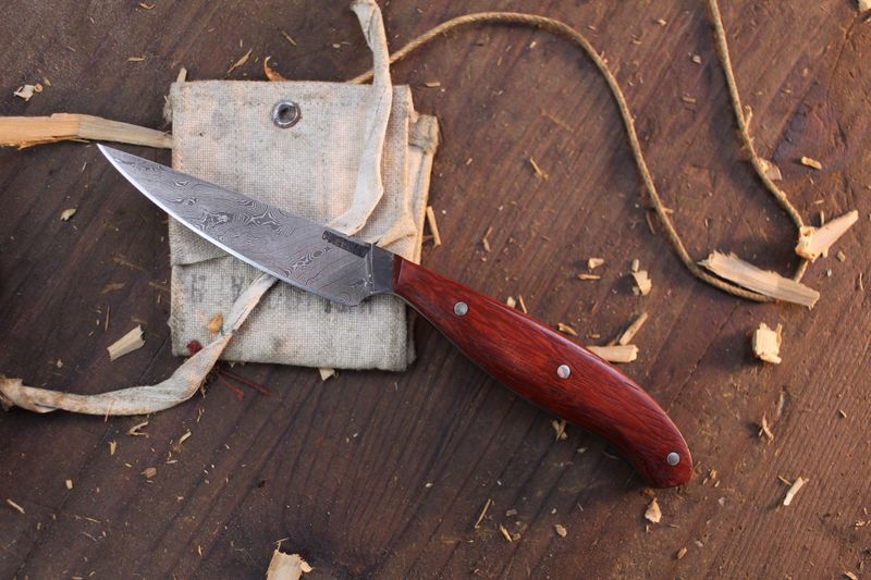 Mark Couch 3&quot; Drop Point Caper / Padauk  / Alaskan Forged Damascus