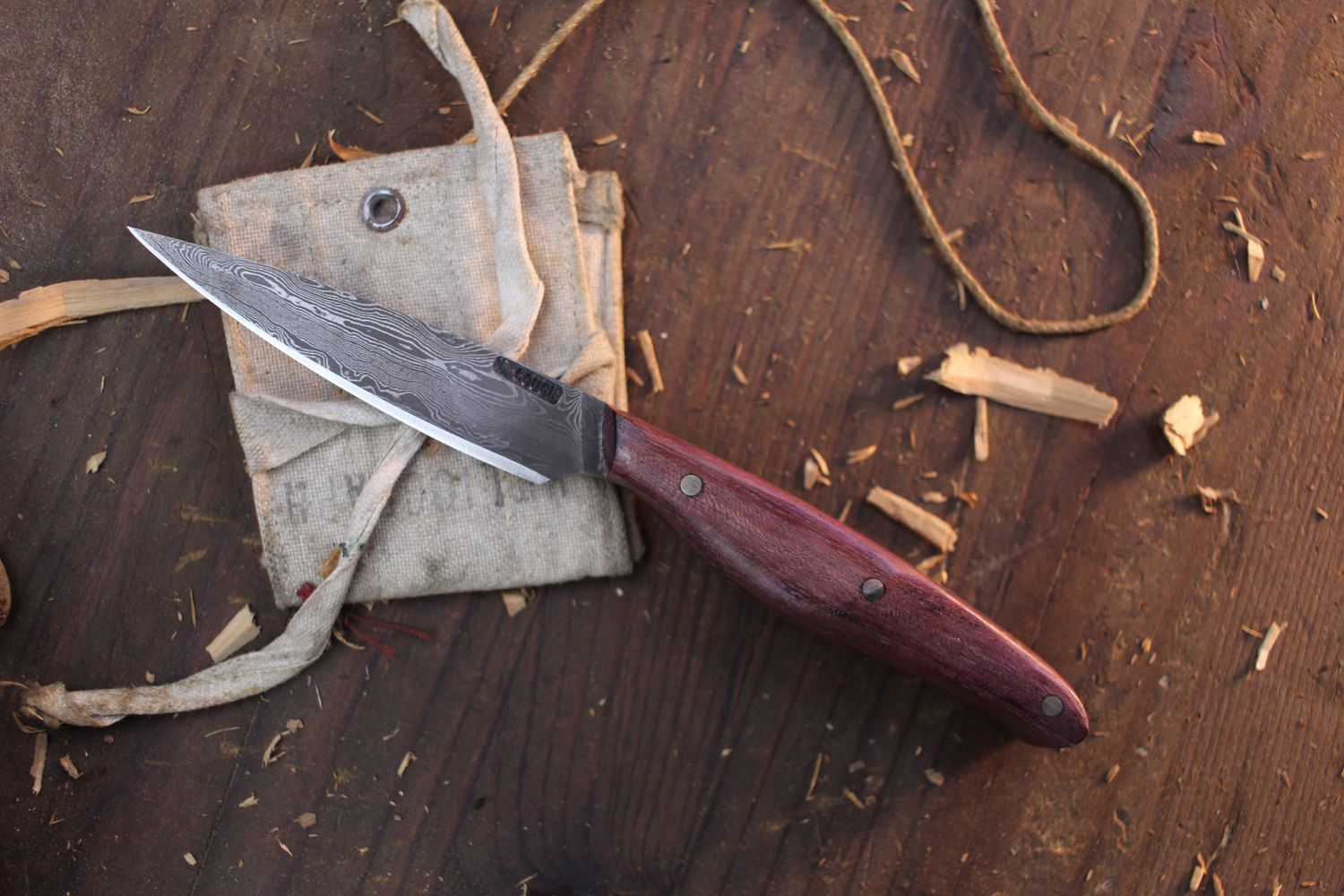 Mark Couch 3.2&quot; Drop Point Caper / Purple Heartwood  / Alaskan Forged Damascus