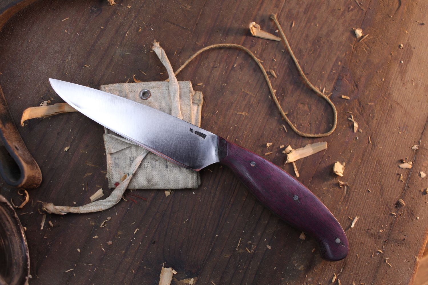 Mark Couch 4.5&quot; Drop Point Utility / Purple Heartwood  / Satin Forged 52100