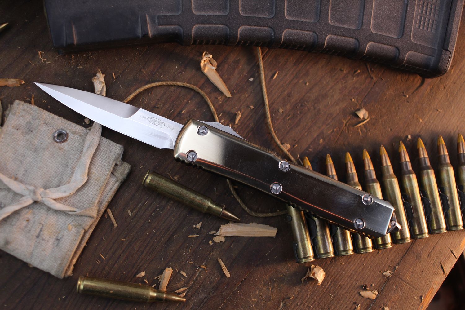 Microtech Ultratech Bayonet 3.4&quot; AUTO OTF  / Polished Brass &amp; Black Aluminum / Stonewashed Elmax ( Pre Owned )