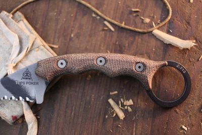TOPS Knives Poker 2.5" Fixed Blade / Burlap Micarta / Camo Serrated 1095 ( Pre Owned )