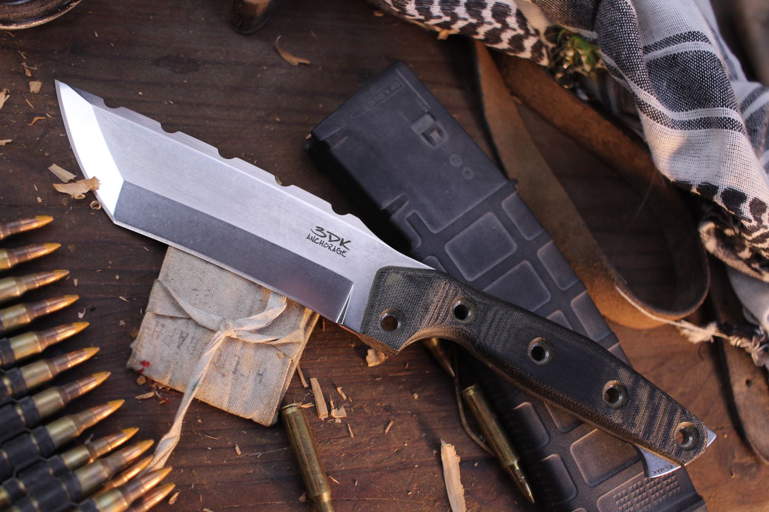 3DK Amuk 6&quot; Fixed Tanto Point, Elmax Blade / Kryptek Sheath / Black V1 Micarta Handle ( Pre Owned )