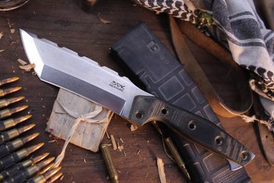 3DK Amuk 6&quot; Fixed Tanto Point, Elmax Blade / Kryptek Sheath / Black V1 Micarta Handle ( Pre Owned )