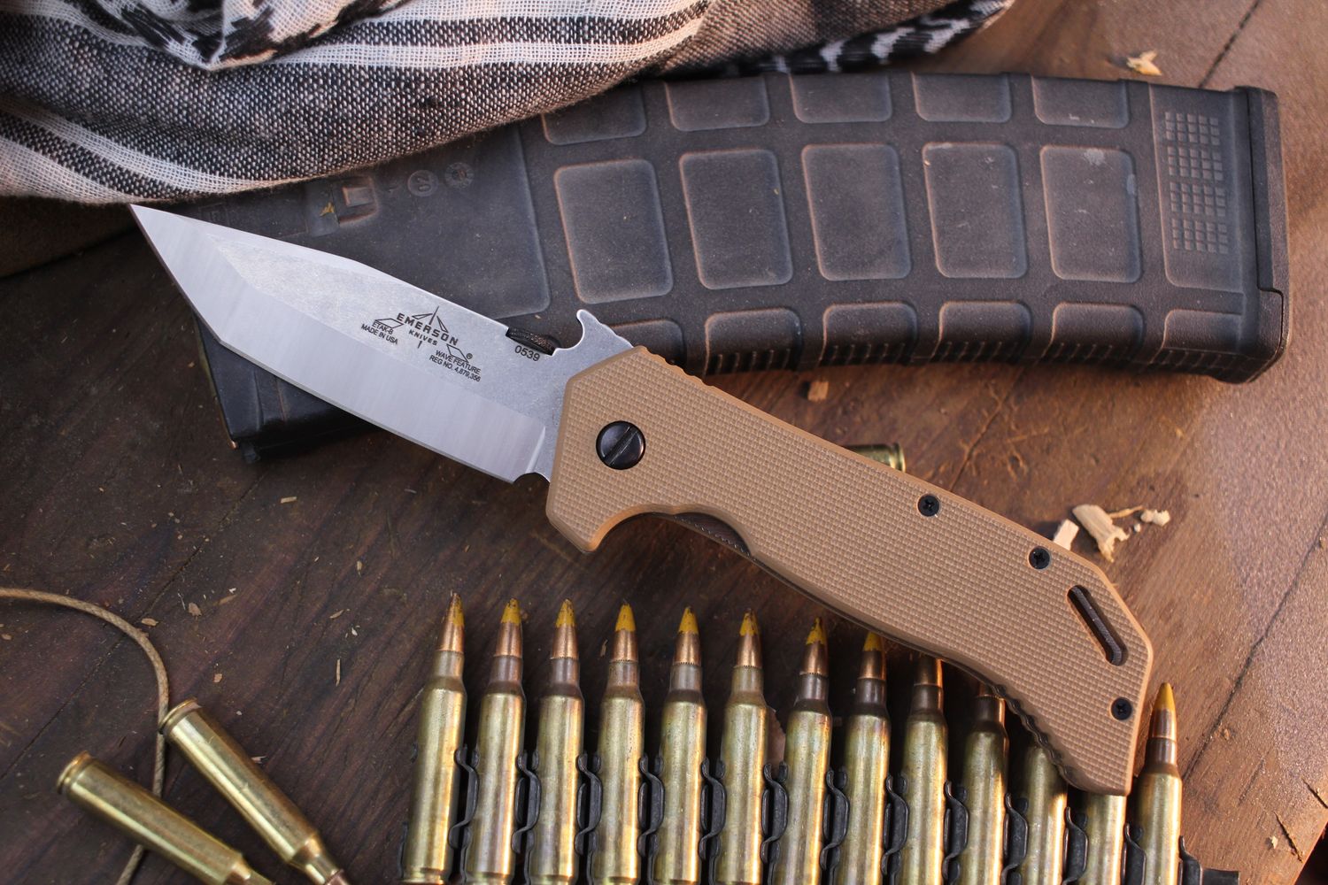 Emerson ETAK-B 3.9&quot; Wave Hook Folder / Tan G-10 / Stonewashed 154CM ( Pre Owned )