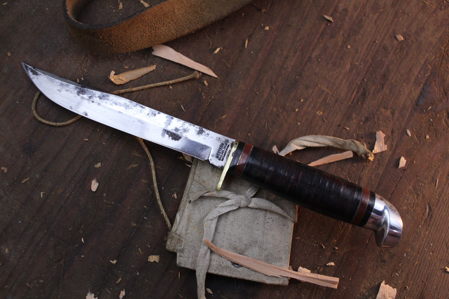 WESTERN Vintage L58 ( Pre 1960 ) 5&quot; Fixed Blade / Stacked Leather &amp; Aluminum / Satin 1095 ( Pre owned )