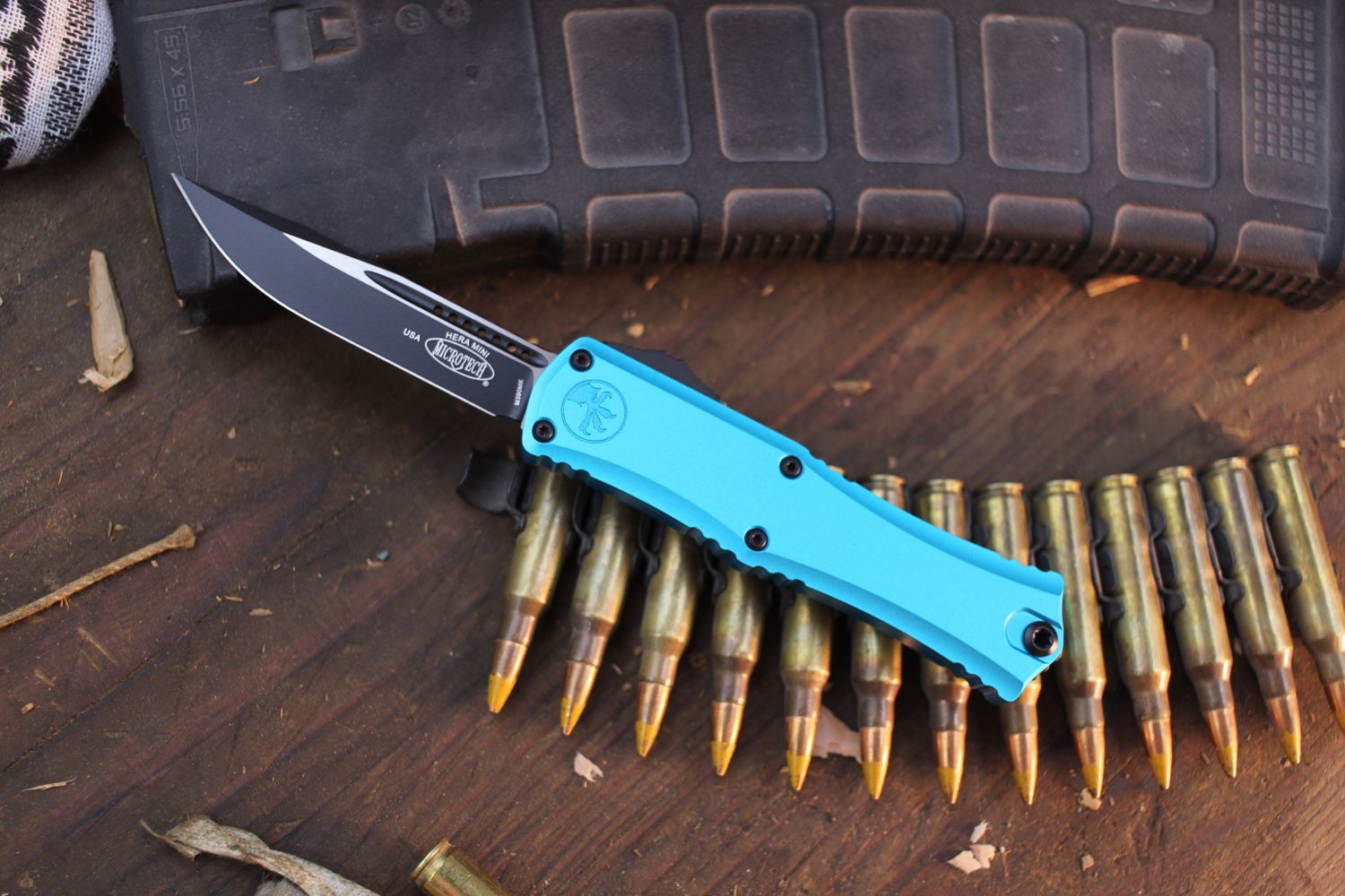 Microtech Mini Hera II S/E 3&quot; OTF AUTO / Turquoises Aluminum / Stonewashed M390MK