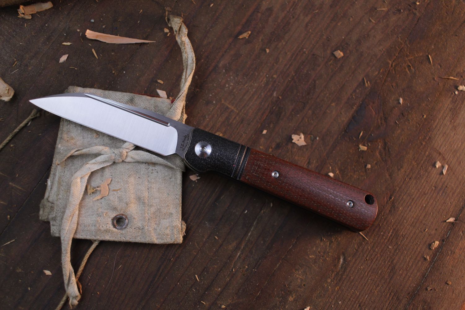 J.E. Made Lambfoot 3.15&quot; Slipjoint Folder / Burlap Micarta &amp; hammered Titanium Bolster / Satin M390 ( Pre Owned )