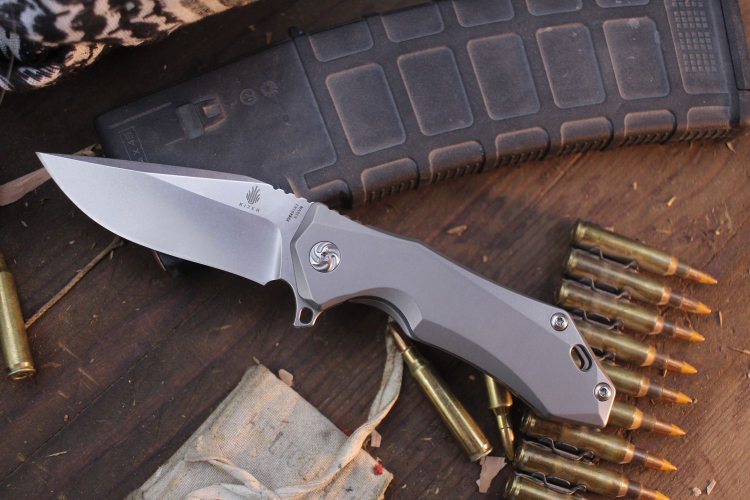 Kizer Uprising 3.6&quot; Clip Point Framelock Flipper / Titanium / Stonewashed S35VN ( Pre Owned )