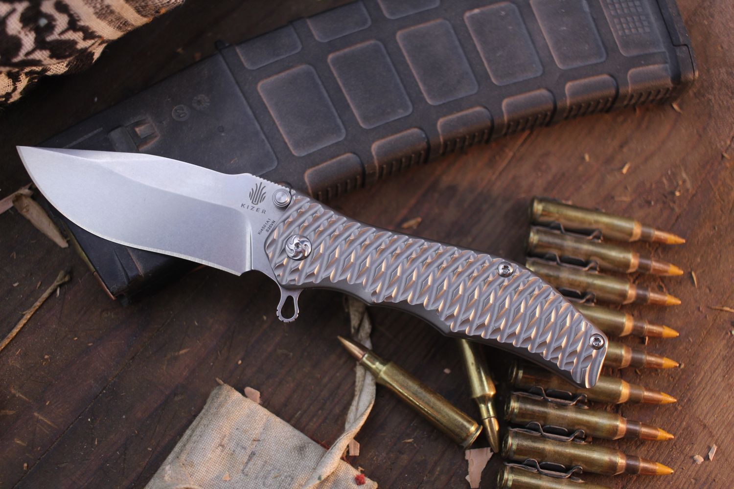 Kizer Darrel Ralph Gunhammer 3.5&quot; Framelock Flipper / Machined Titanium / Stonewashed S35VN ( Pre Owned )