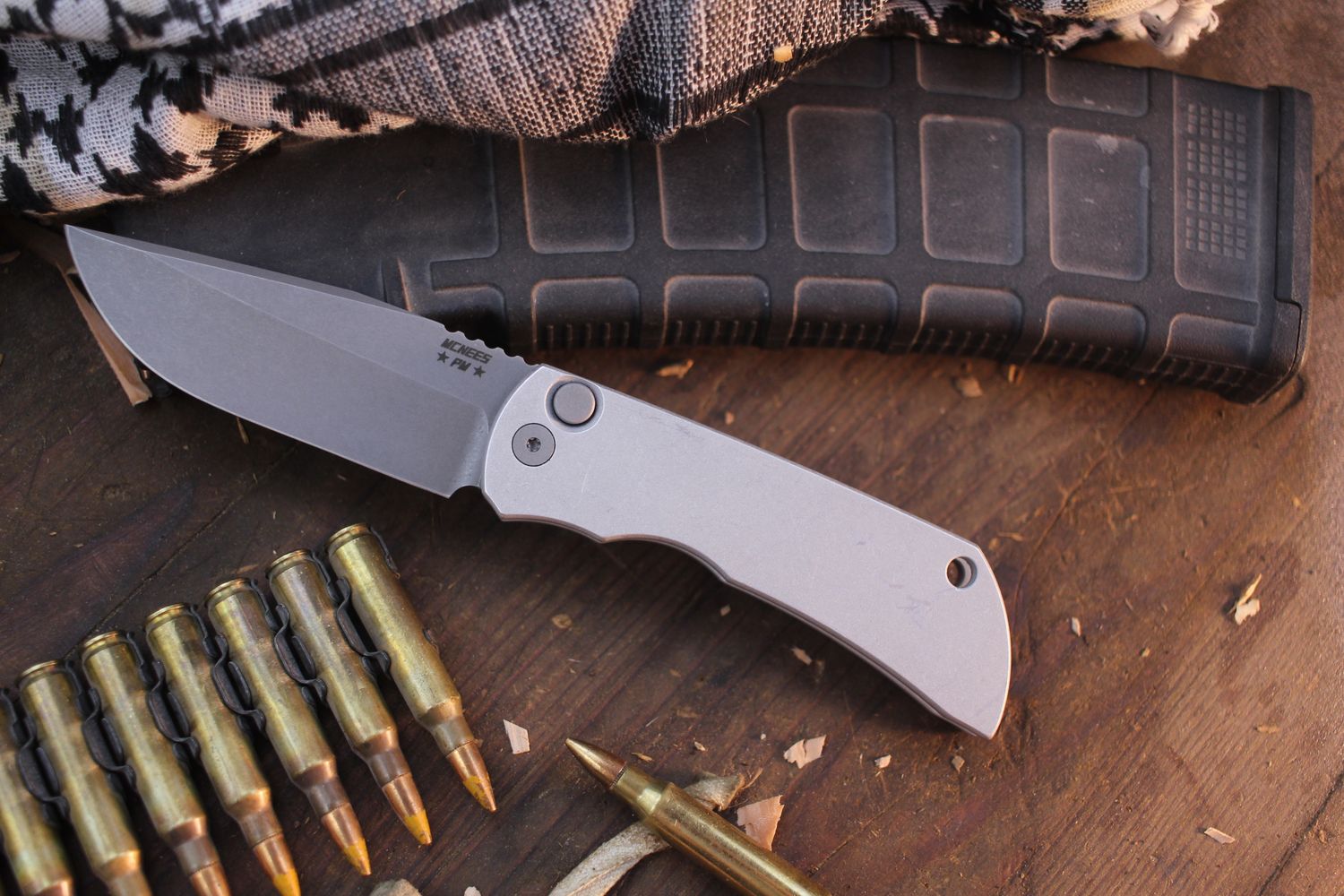 Mcnees Custom Knives Mac 2 3.5&quot; AUTO Plungelock Folder / Stonewashed Titanium / Stonewashed Magnacut ( Pre Owned )
