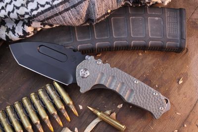 Medford Knife &amp; Tool (MKT) Praetorian T T/E Frame Lock Folder / Hammered Titanium / Black PVD S90V ( Pre Owned )