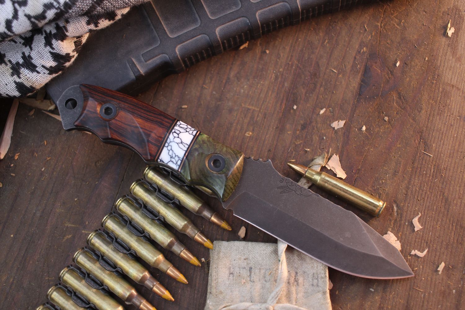 Half Face Blade Disaster Jr. 3.75” Fixed Blade / Redwood &amp; Ironwood With White Tru-Stone / Acid Washed CPM-3V ( Pre Owned )