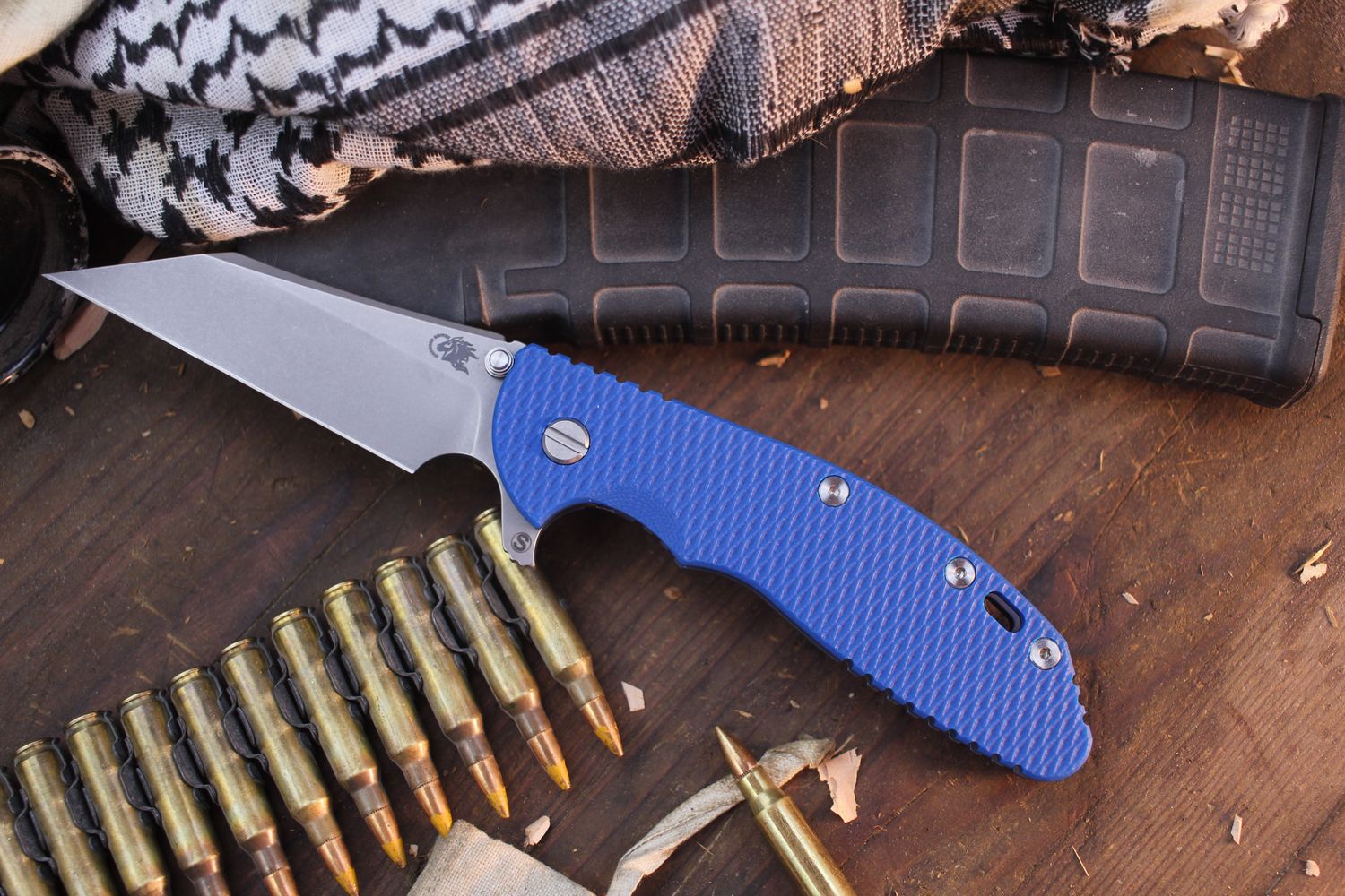 Hinderer Knives XM-24 Skinny Wharncliffe 4&quot; Framelock Flipper /  Blue G-10 &amp; Battle Blue Titanium / Stonewashed S45VN