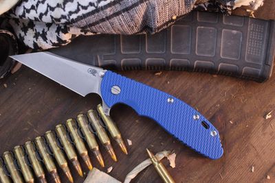 Hinderer Knives XM-24 Skinny Wharncliffe 4&quot; Framelock Flipper /  Blue G-10 &amp; Battle Blue Titanium / Stonewashed S45VN
