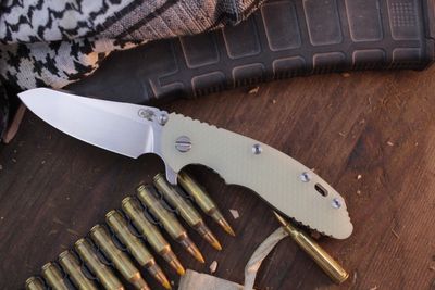 Hinderer Knives XM-18 3.5 Sheepsfoot Framelock Flipper / Translucent G-10 &amp; Working Finish Titanium / Stonewash S45VN