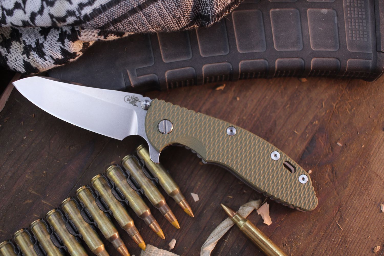 Hinderer Knives XM-18 3.5 Sheepsfoot Framelock Flipper / OD G-10 &amp; Working Finish Titanium / Stonewash S45VN