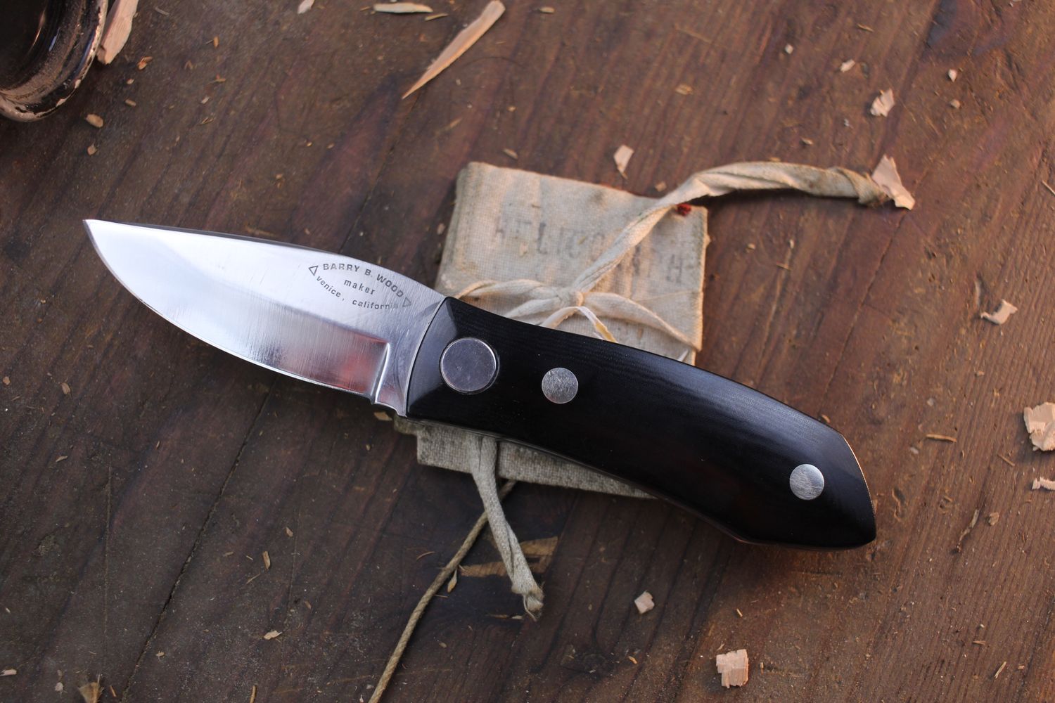 Barry Wood MK1 3&quot; Swinglock Folder / Black Micarta / Satin 154Cm ( Pre Owned )