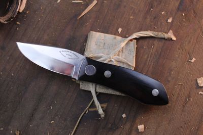 Barry Wood MK1 3&quot; Swinglock Folder / Black Micarta / Satin 154Cm ( Pre Owned )