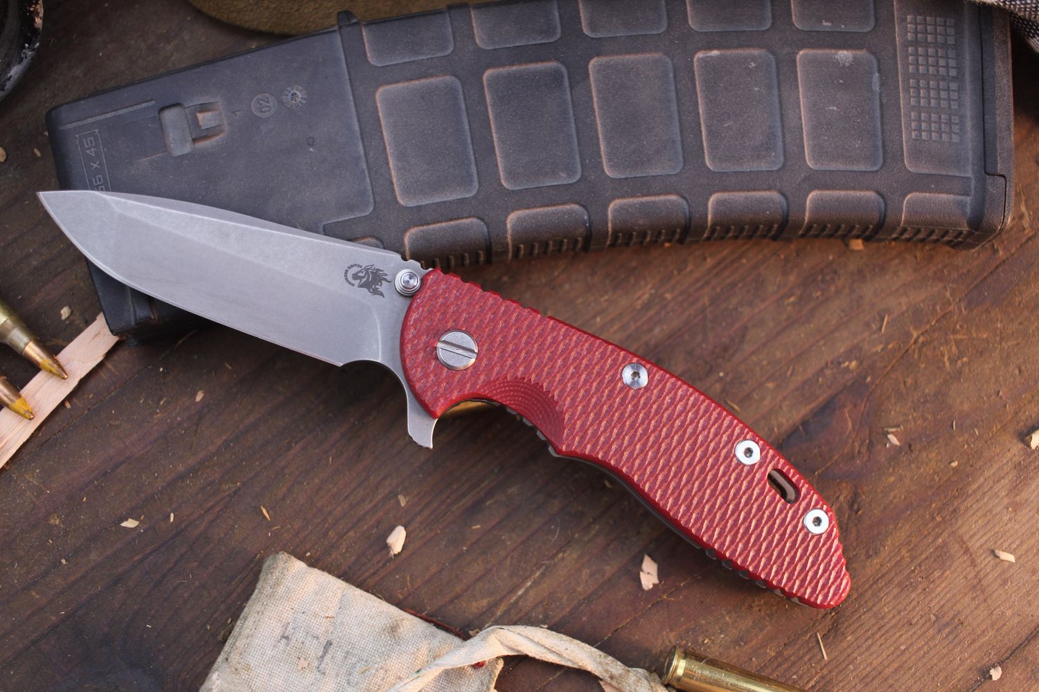 Hinderer XM-18 3.5&quot; Framelock Flipper / Red G-10 &amp; Working Finish Titanium / Working Finish S45VN Spanto ( Pre Owned )