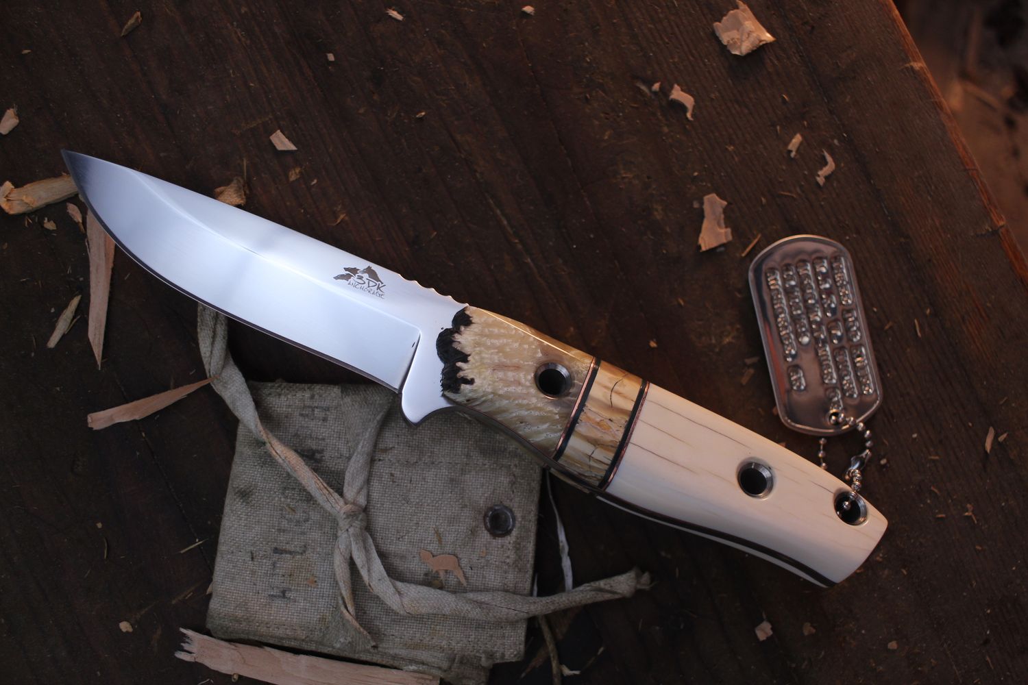 3DK MAK 4&quot; Fixed Blade / Musk Ox Bolsters With Mammoth Ivory Spacer &amp; Walrus Ivory / Hand Ground &amp; Wiped M390