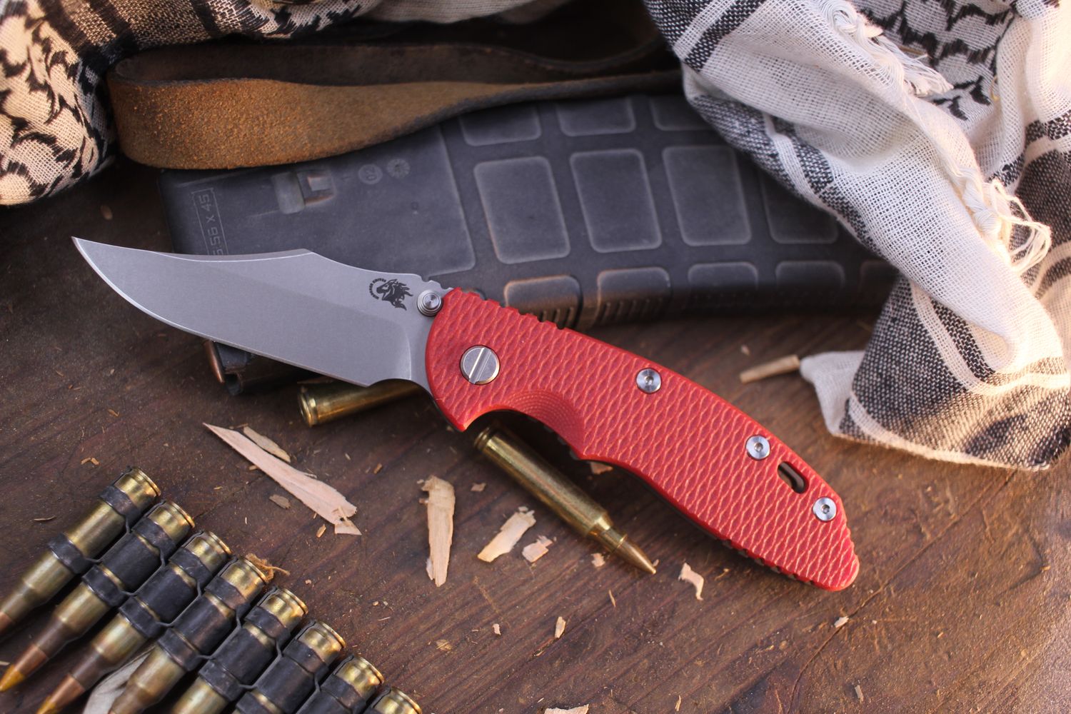 Hinderer XM-18 Bowie 3.5&quot; Framelock Non-Flipper / Red G-10 &amp; Battle Bronze Titanium / Working Finish S45VN