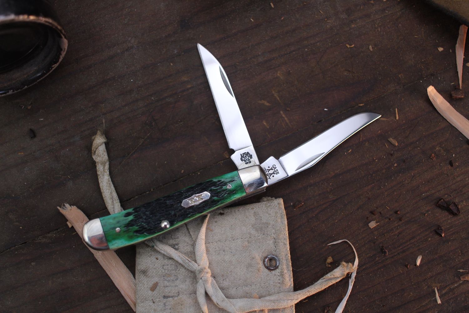 Case Vintage Mini Trapper 3.5&quot; Closed Slipjoint Folder / Bermuda Green Jigged Bone / Polished Tru-Sharp Stainless ( Pre Owned )