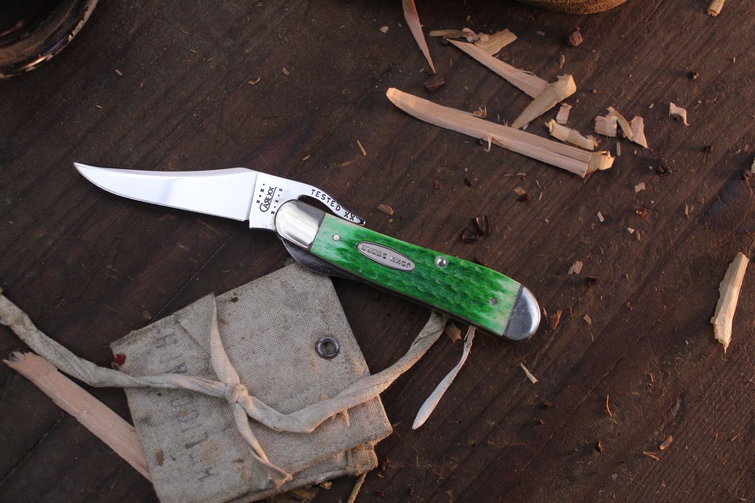 Case Vintage John Deere 4.25&quot; Closed Linerlock Folder / Green Jigged Bone &amp; John Deer Shield / Satin Tru-Sharp ( Pre Owned )
