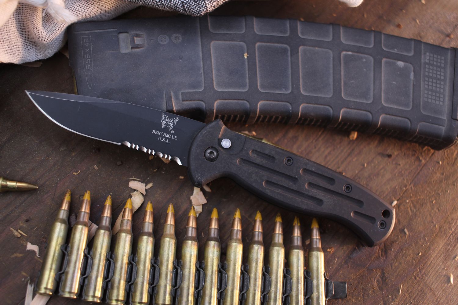 Benchmade AFO 3.75&quot; Button Lock Folder / Black Aluminum / Black Serrated 154CM / NSN ( Pre Owned )