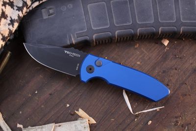 Pro-Tech Les George SBR 2.6&quot; Auto Plunge Lock Folder / Blue Aluminum / Black S35VN ( Pre Owned )