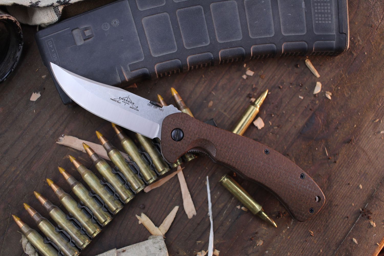 Emerson Signature #67 Series Pancho Villa 3.8&quot; Linerlock Folder / Burlap Micarta / Stonewashed 154CM ( Pre Owned )
