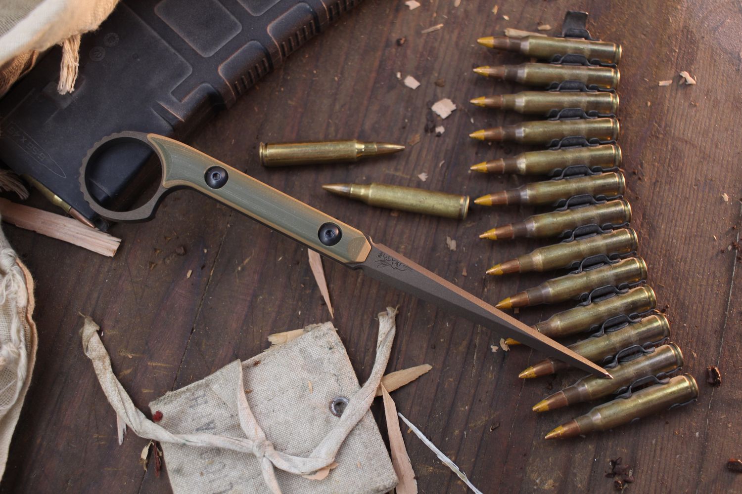 Half Face Blades Ringed Cardiac Spike 3.8” Tactical Spike / OD Green &amp; Tan G-10 / Midnight Bronze Cerakote A2