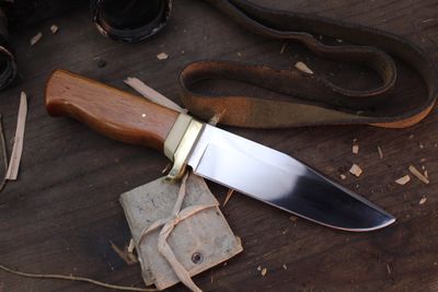 David Reed Large Woodsman  6" Fixed Blade / Tigerwood &amp; Brass Single Guard / Polished D2