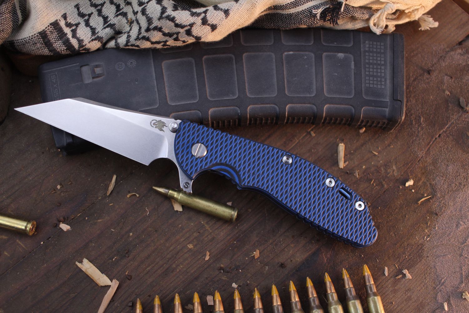 Hinderer XM-24 Skinny Wharny 4&quot; Framelock Flipper / Black &amp; Blue G-10 With SW Blue Titanium / Stonewashed S45VN ( Pre Owned )