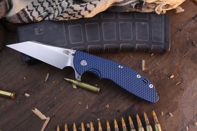 Hinderer XM-24 Skinny Wharny 4&quot; Framelock Flipper / Black &amp; Blue G-10 With SW Blue Titanium / Stonewashed S45VN ( Pre Owned )