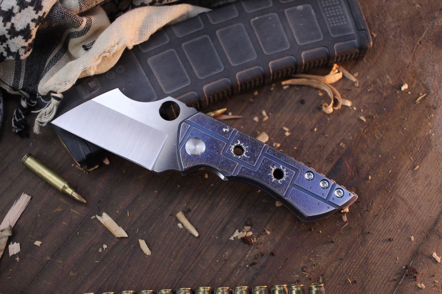 Sergey Rogovets Custom Rhino 3.375&quot; Framelock Folder /  Armor Plate Titanium / Wiped S45VN ( Pre Owned )