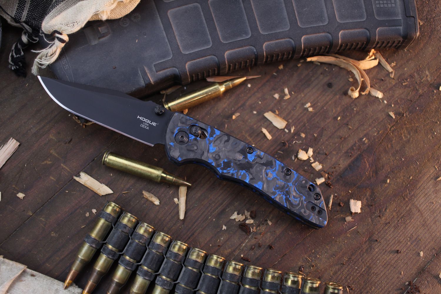 Hogue Deka 3.25&quot; ABLE Lock Folder / Blue Marbled Carbon Fiber / Black DLC MagnaCut  ( Pre Owned )