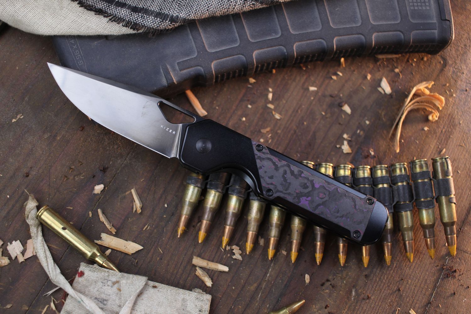 Kizer Militaw 3.4&quot; Framelock Front Flipper / Black Titanium &amp; Purple Haze Carbon Fiber / Black S45VN ( Pre Owned )