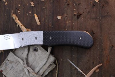 Lombard Knives Top Flipper 3.25" Linerlock Folder / Carbon Fiber &amp; Steel Bolsters / Polished N690 ( Pre Owned )
