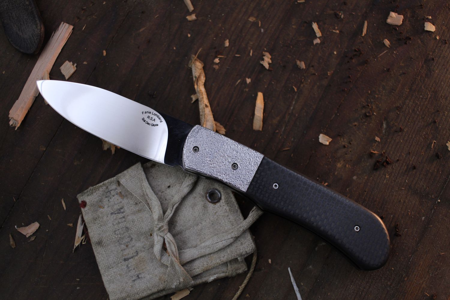 Lombard Knives Top Flipper 3.25&quot; Linerlock Folder / Carbon Fiber &amp; Steel Bolsters / Polished N690 ( Pre Owned )
