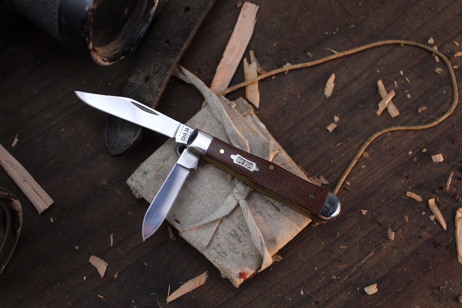 Case Small Swell Center Jack 3&quot; Closed Slip Joint Folder / Burlap Micarta / Polished Tru-Sharp Stainless ( Pre Owned )