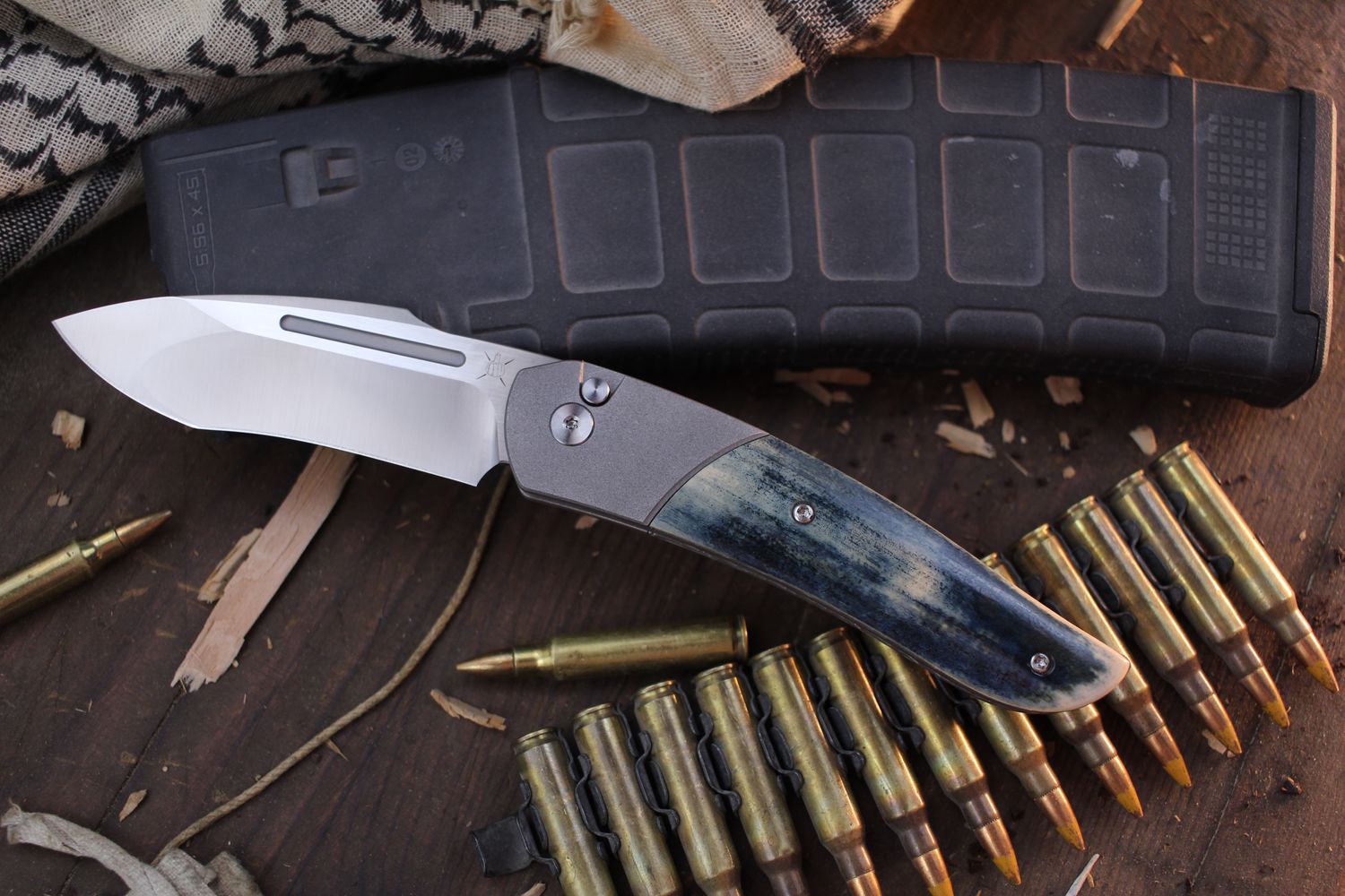 Bastard Knives Alcyon 3.54&quot; Button Lock Flipper / Titanium &amp; Blue Mammoth Ivory / Satin M390 ( Pre Owned )