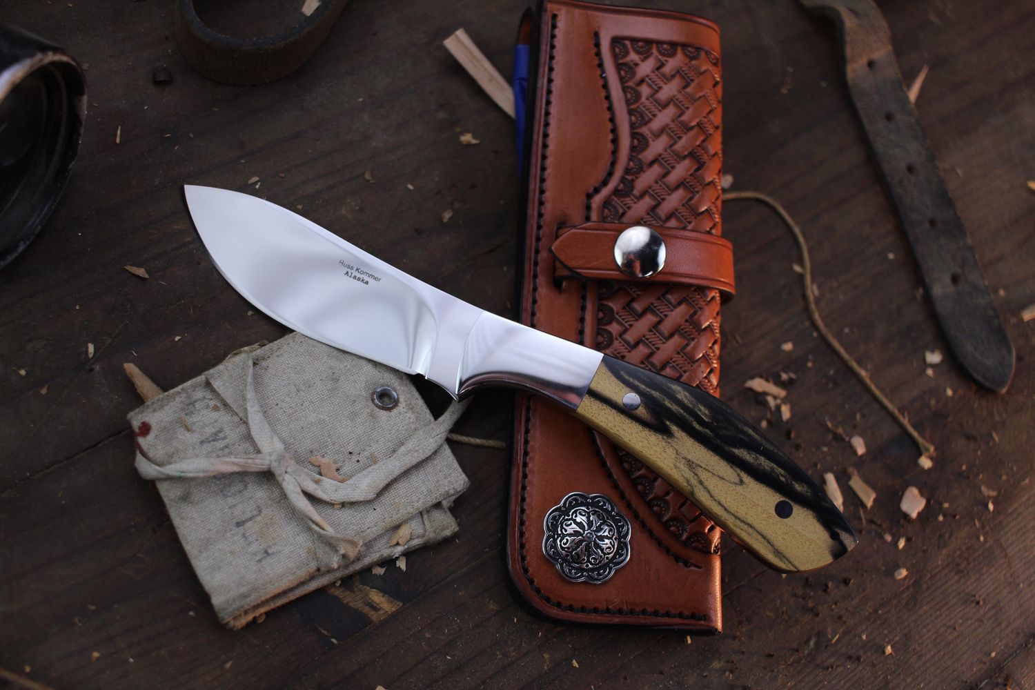Russ Kommer Custom Semi Skinner 3.5&quot; Fixed Blade Knife / White Ebony / Polished RWL-34