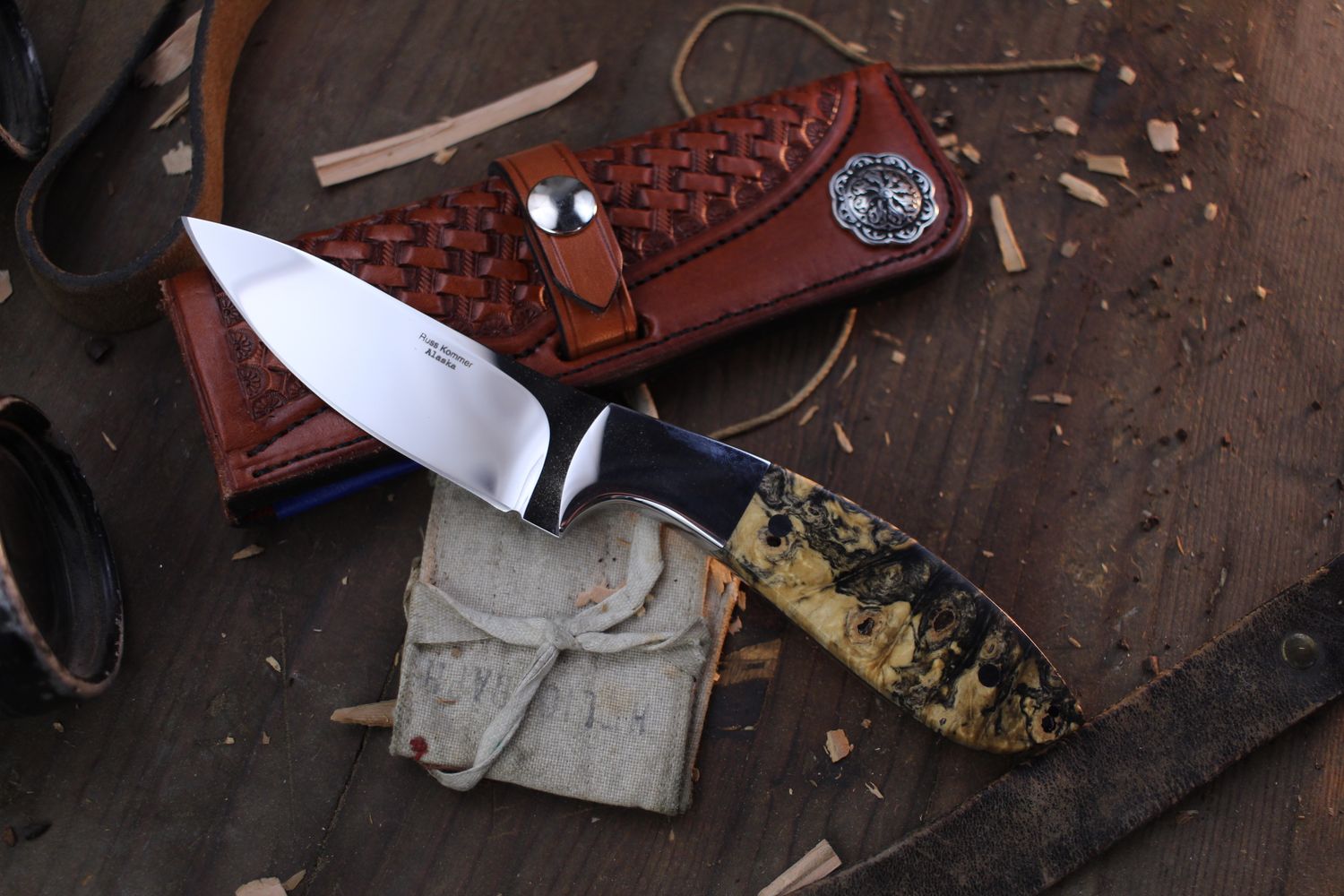 Russ Kommer Custom Semi Skinner 3.5&quot; Fixed Blade Knife / Buckeye Burl / Polished RWL-34