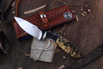 Russ Kommer Custom Semi Skinner 3.5&quot; Fixed Blade Knife / Buckeye Burl / Polished RWL-34